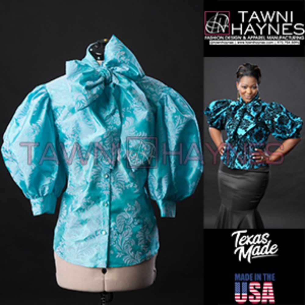 Taffeta Damask Bow Blouse Tiffany Blue & White